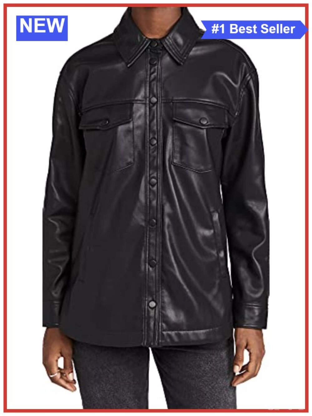 Vegan Leather Shirt Jacket Snap Notched Collar Long Sleeve